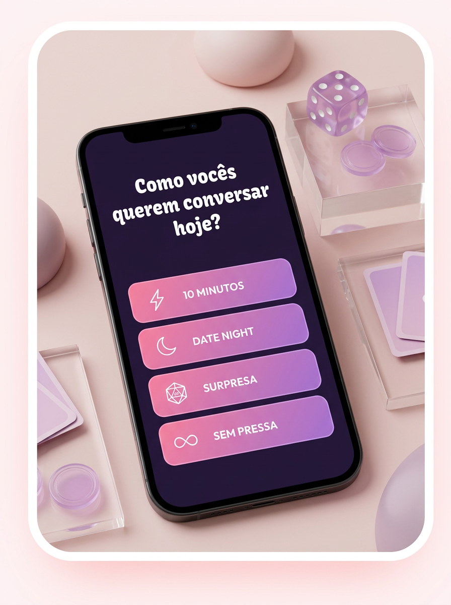 Celular com os quatro modos de conversa do ENTRE NÓS em um cenário de jogo rosa e lilás