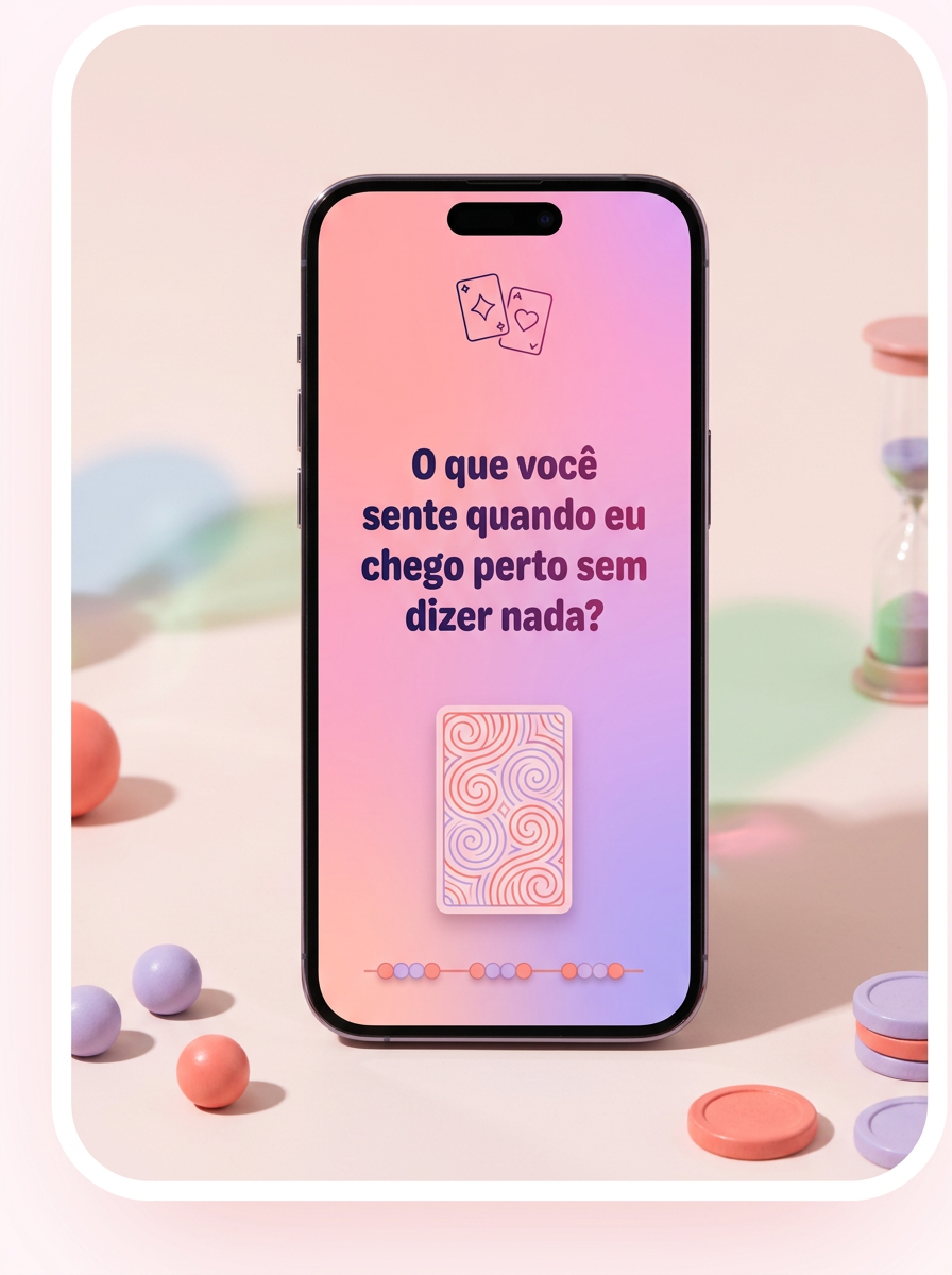 Celular exibindo uma pergunta do ENTRE NÓS em um cenário de jogo rosa e lilás